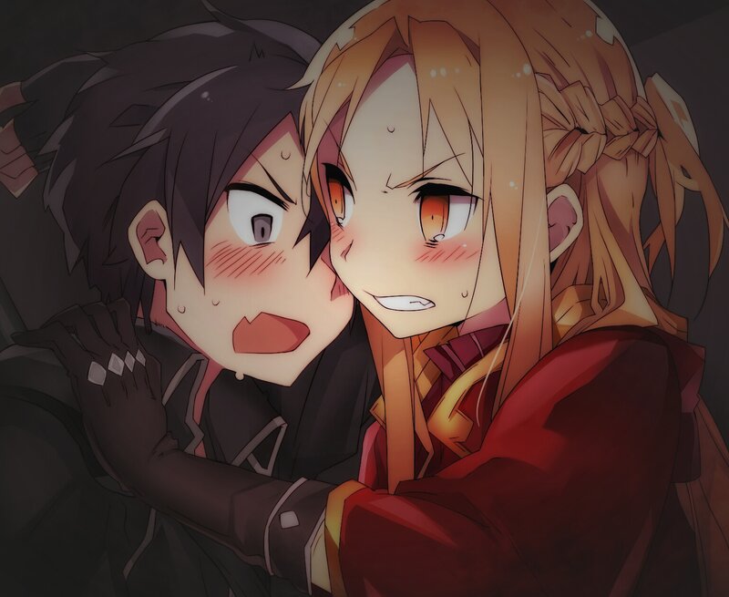 Two Anime Characters Hugging — Red, Intimate, Blushing