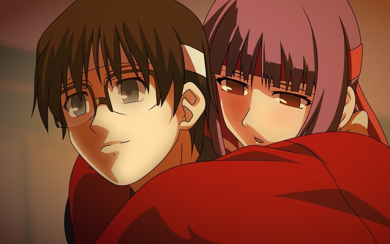 Two Anime Characters Hugging — Red, Intimate, Glasses