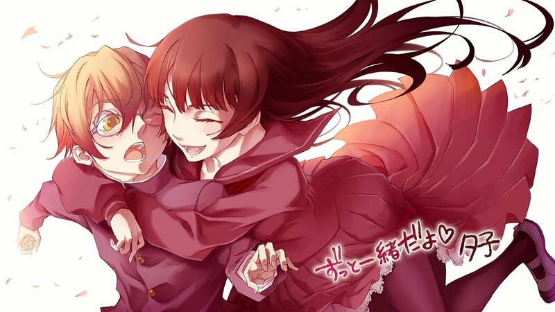 Two Anime Characters Hugging — Red, Playful, Spring