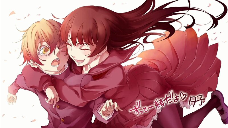 Two Anime Characters Hugging — Red, Playful