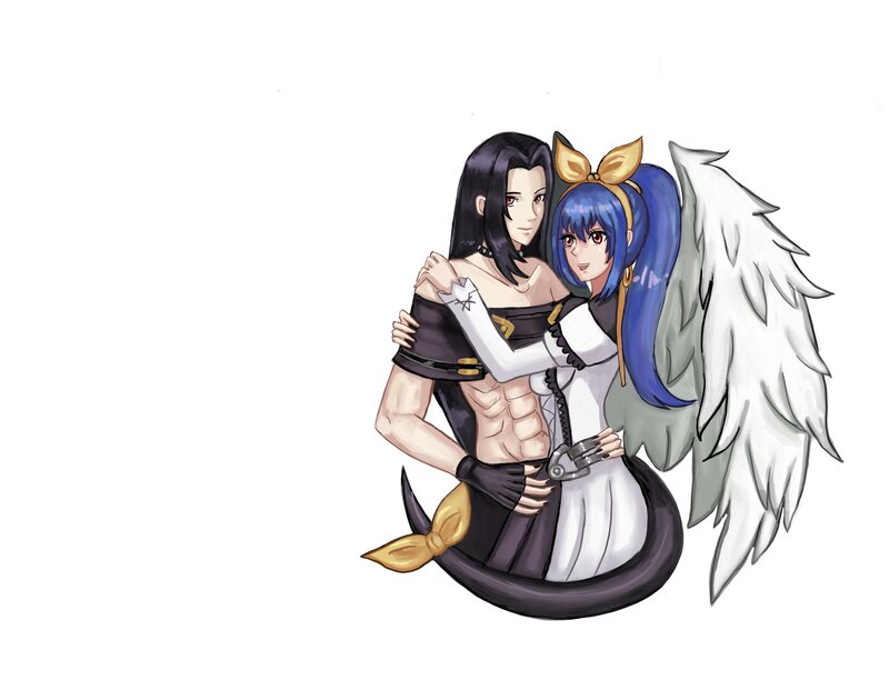Two Anime Characters Hugging — White, Affectionate, Wings
