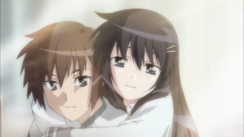 Two Anime Characters Hugging — White, Calm