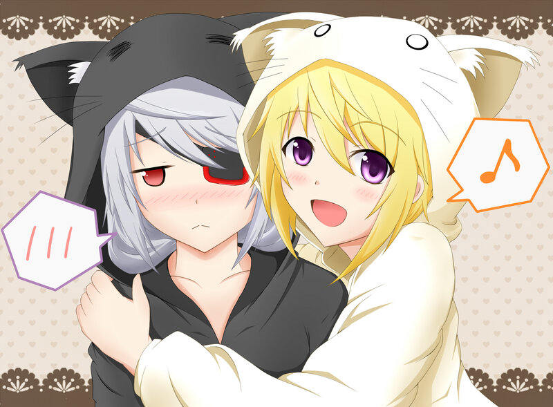 Two Anime Characters Hugging — White, Playful