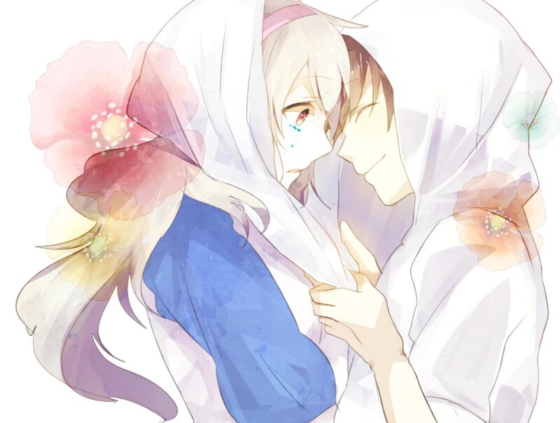 Two Anime Characters Hugging — White, Sentimental