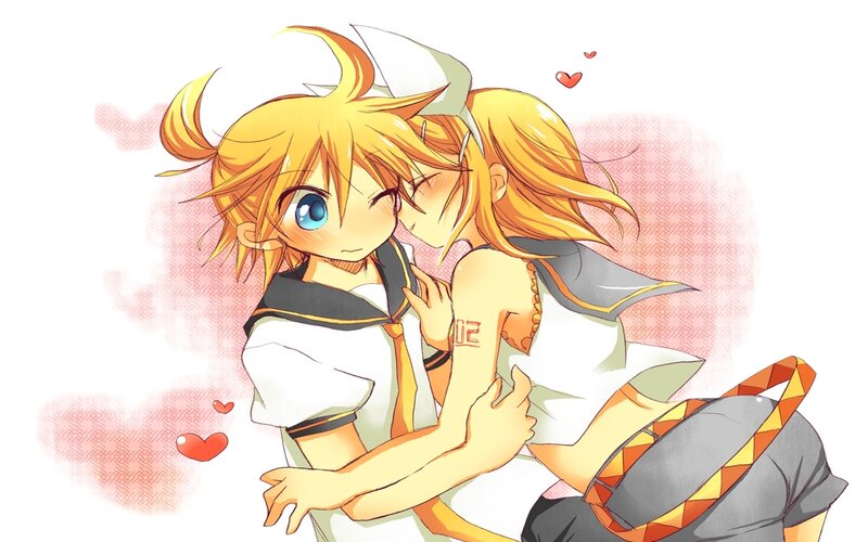 Two Anime Characters Hugging — Yellow, Affectionate, Hearts, Hug