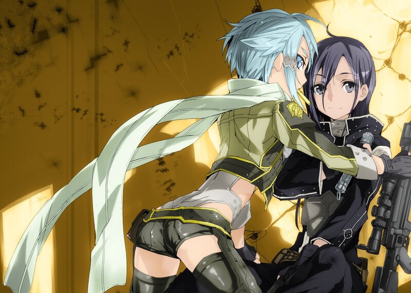 Two Anime Characters Hugging — Yellow, Dramatic, Weapon