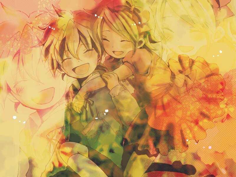 Two Anime Characters Hugging — Yellow, Joyful