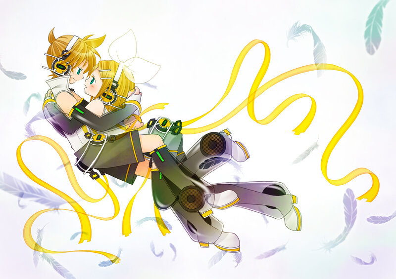 Two Anime Characters Hugging — Yellow, Playful, Headphones, Ribbons