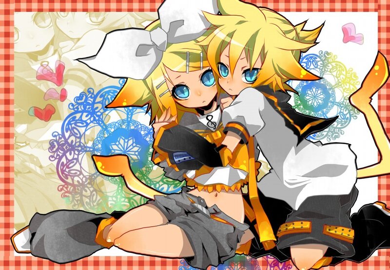 Two Anime Characters Hugging — Yellow, Playful, Hearts