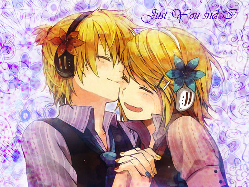 Two Anime Characters Hugging — Yellow, Romantic, Headphones, Flowers