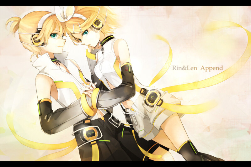 Two Anime Characters Hugging — Yellow, Romantic, Headphones