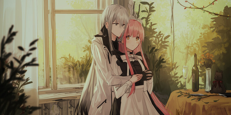 Two Anime Characters Hugging — Yellow, Serene