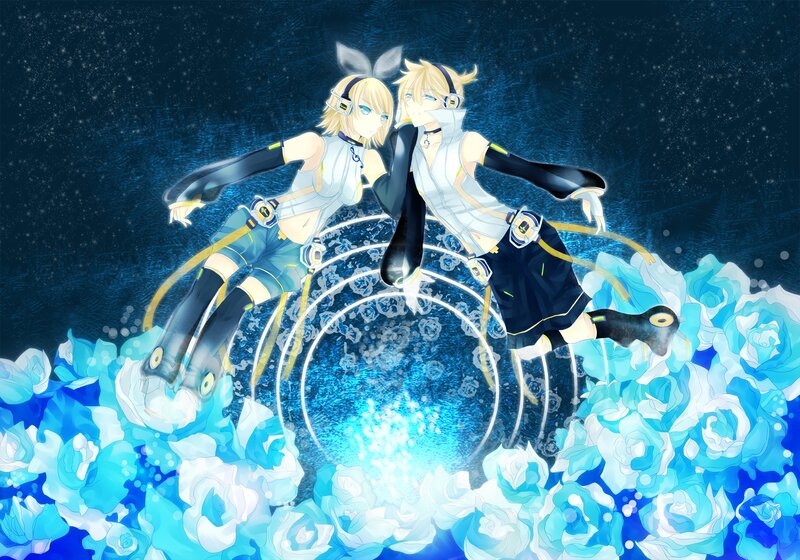 Two anime characters in a blue floral scene