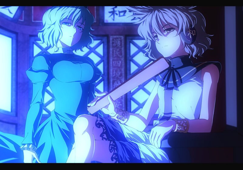 Two anime characters in a blue-lit room