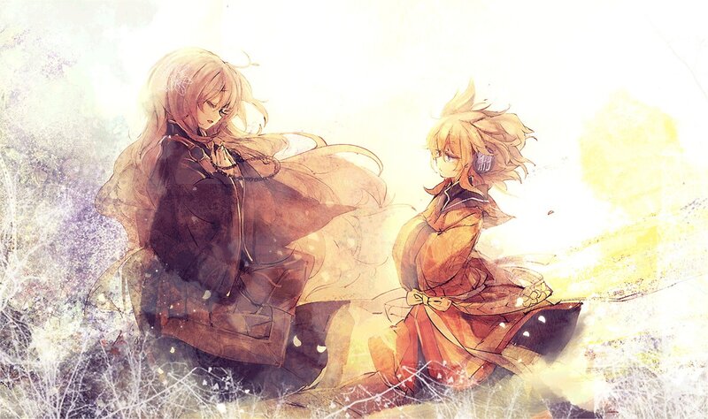 Two anime characters in a bright field