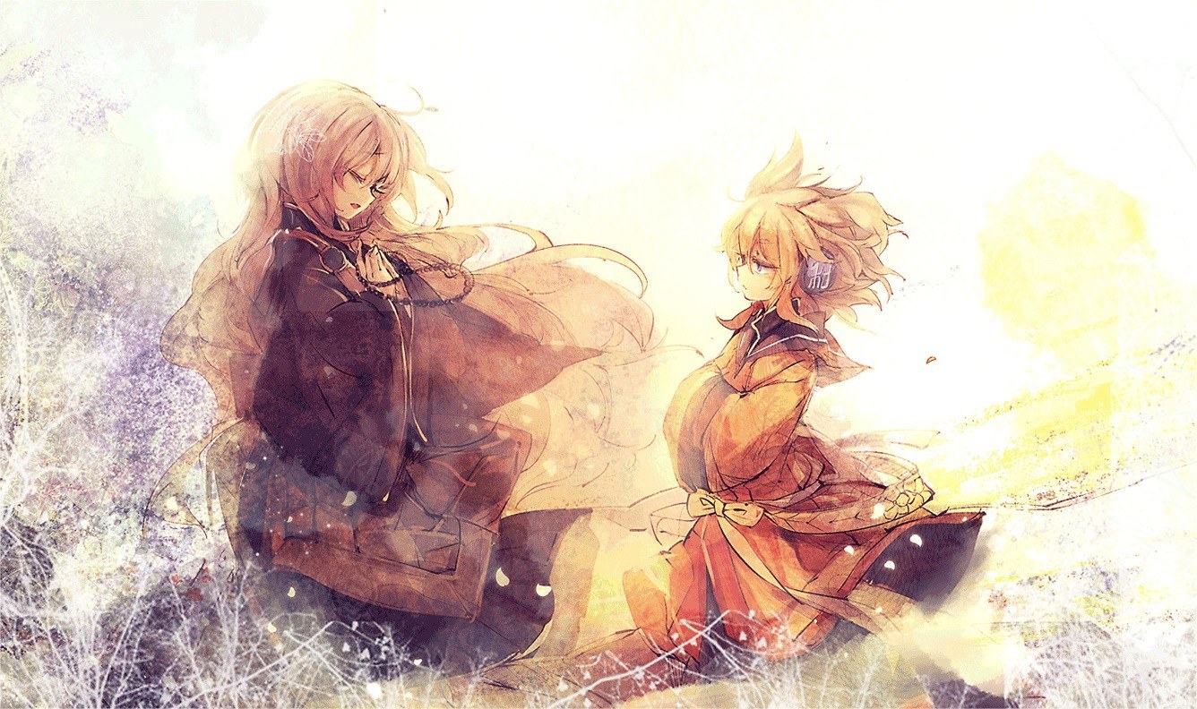 Two anime characters in a bright field