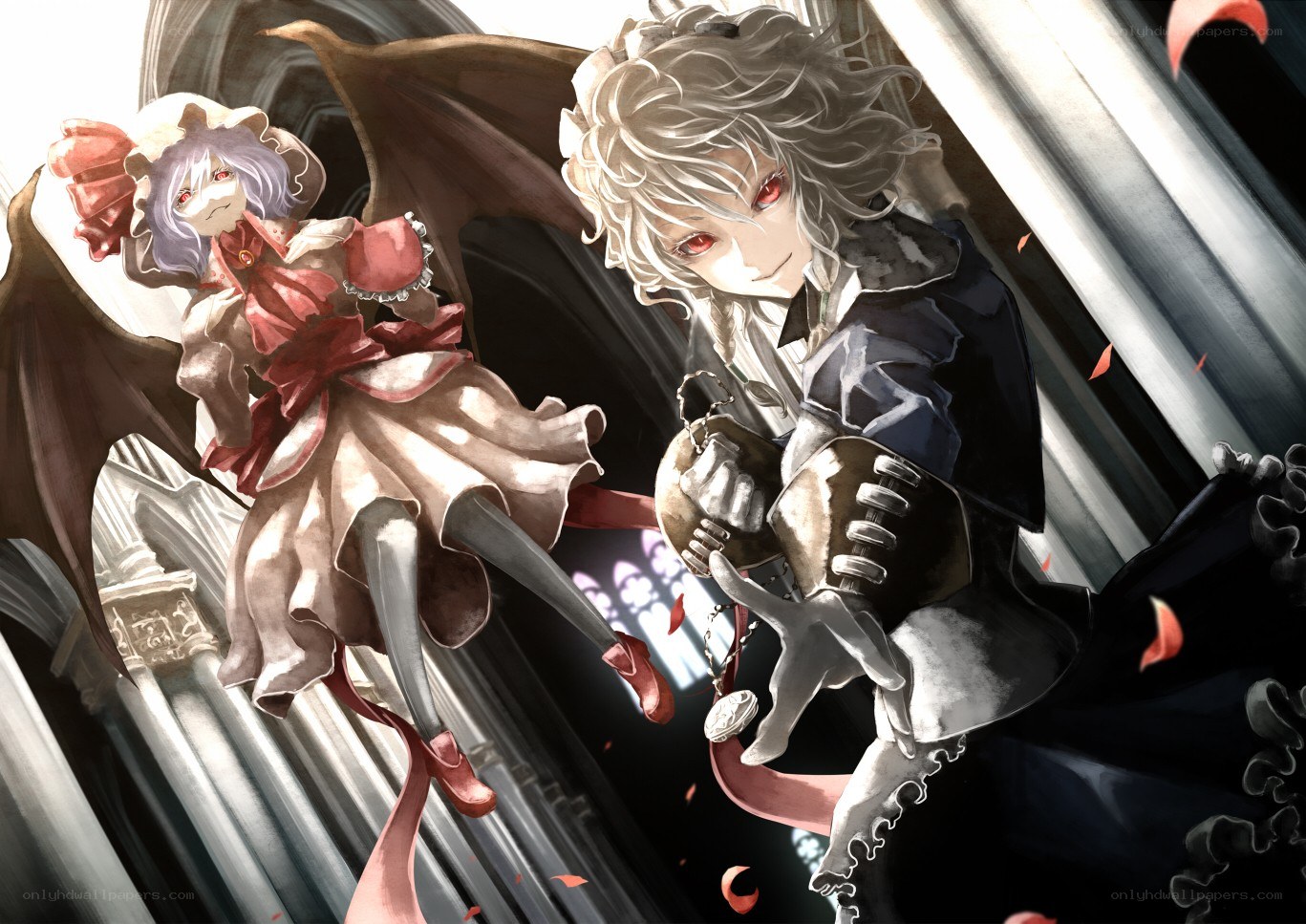 Two anime characters in a cathedral