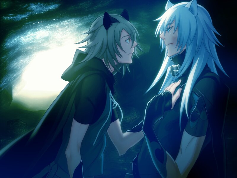 two anime characters in a cave