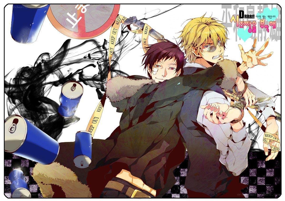 Two anime characters in a chaotic scene