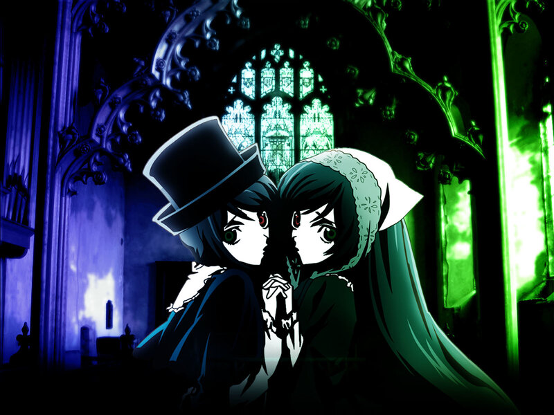 Two anime characters in a church