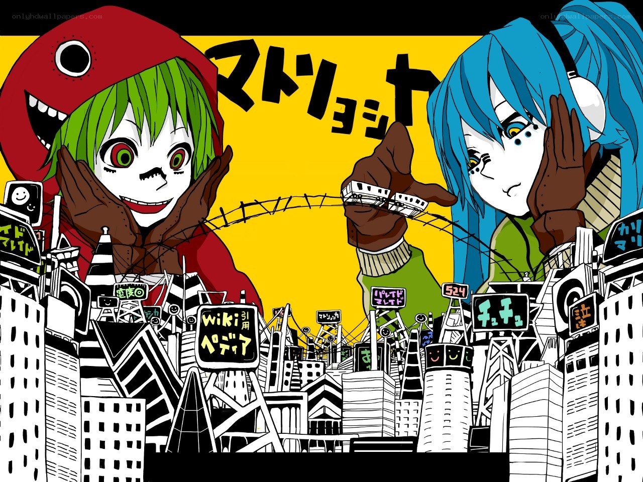 Two anime characters in a city
