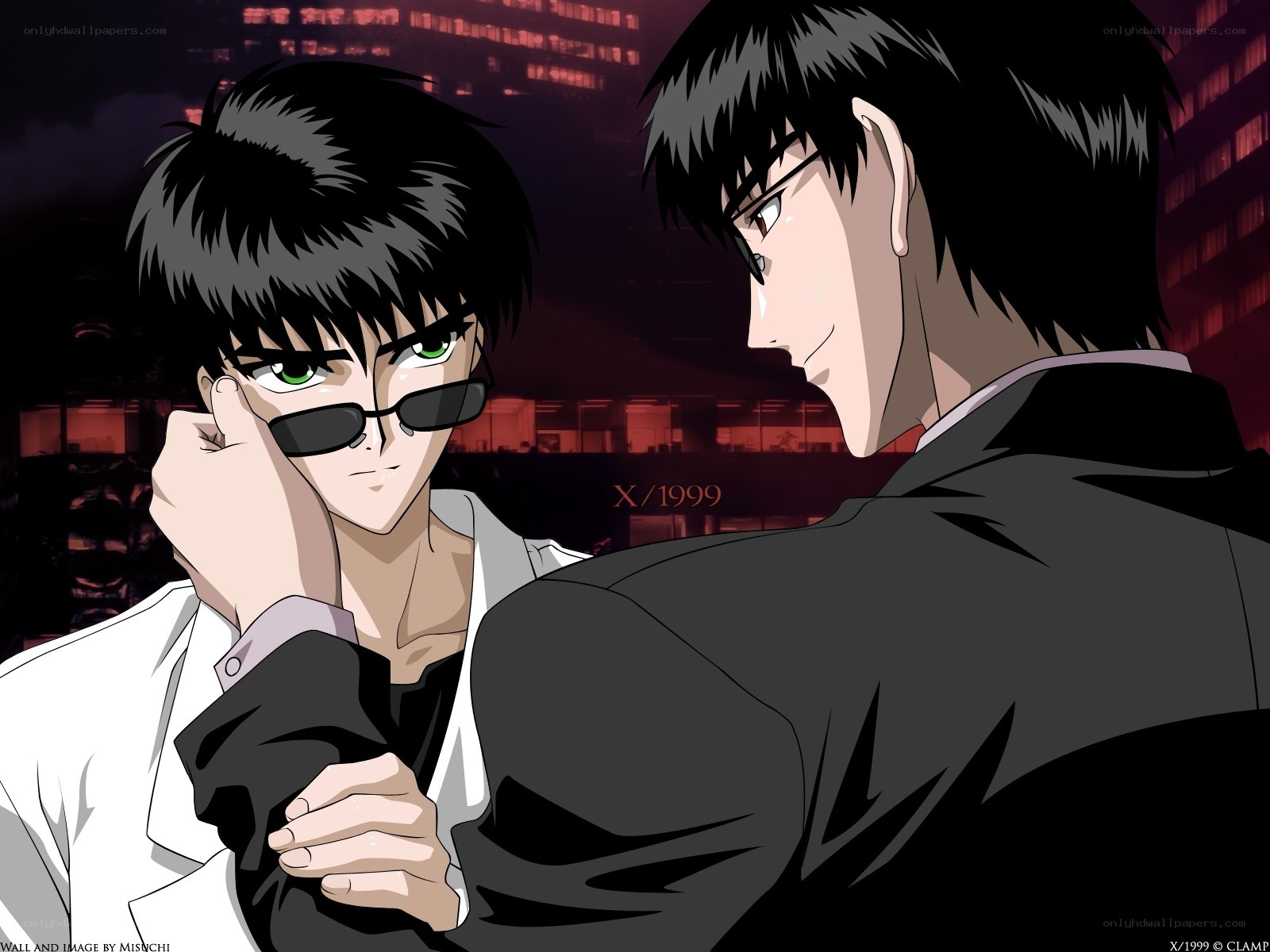 Two anime characters in a city
