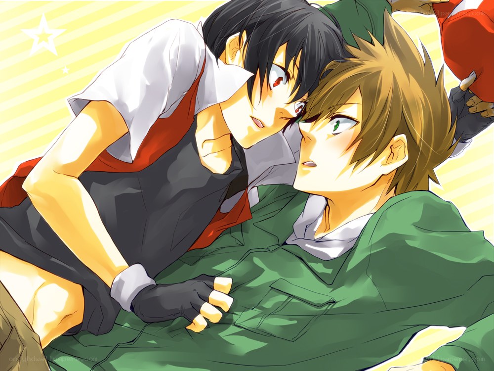 Two anime characters in a close moment