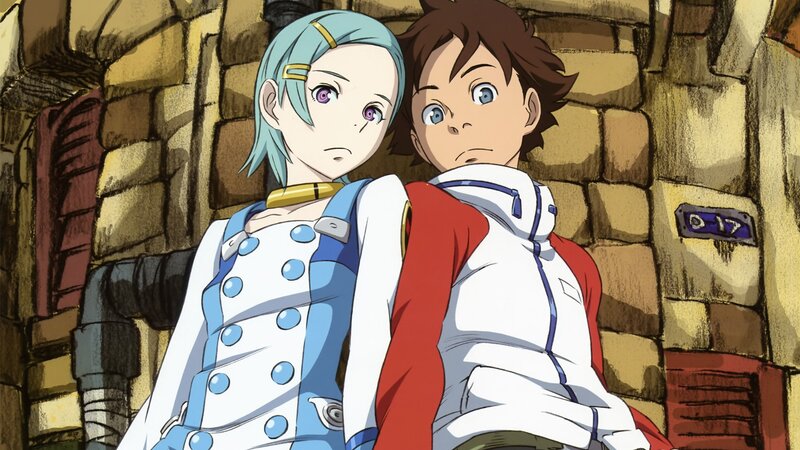 two anime characters in a corridor
