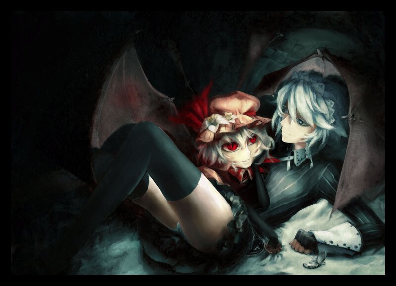 Two anime characters in a dark cave