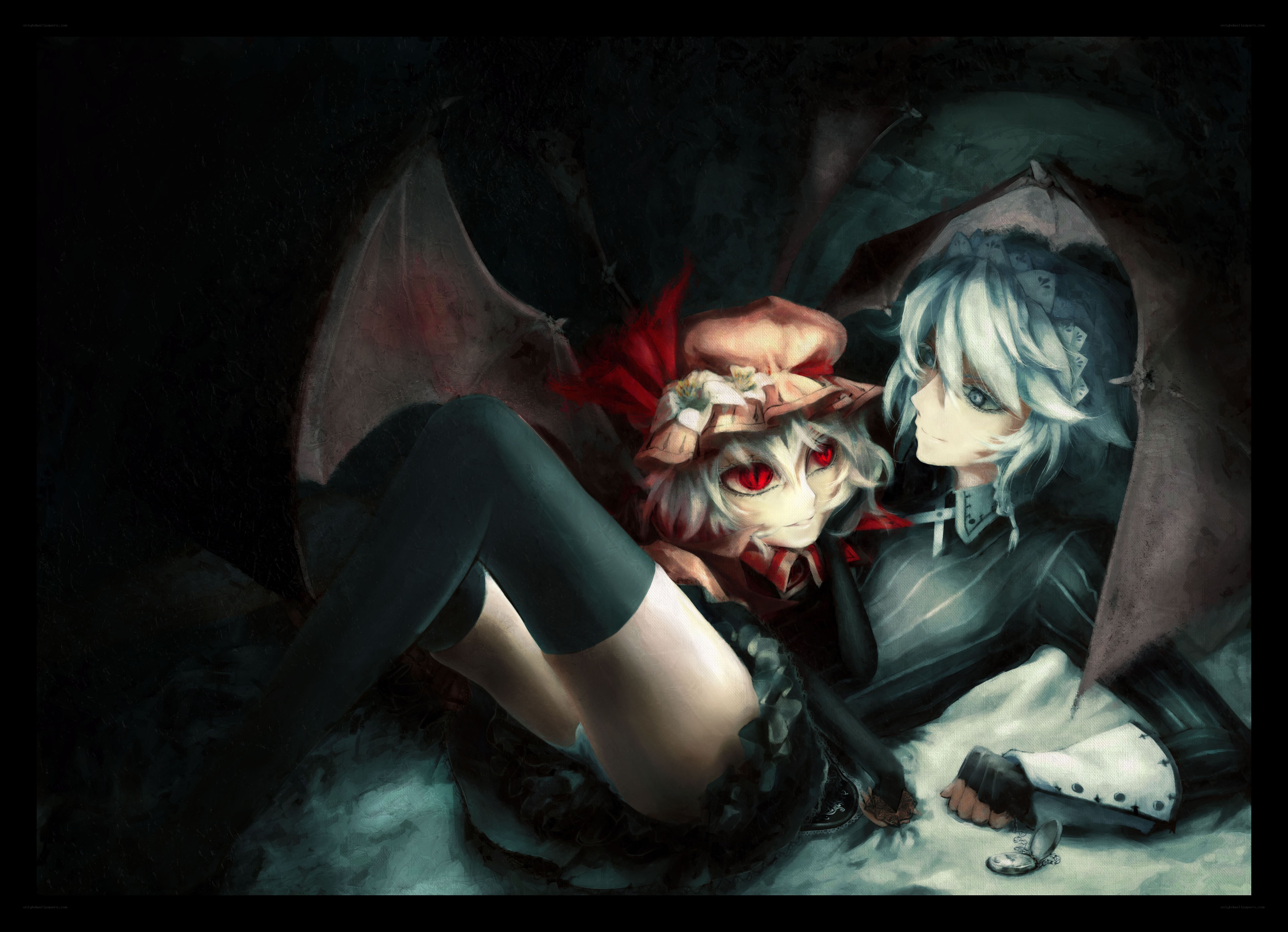 Two anime characters in a dark cave