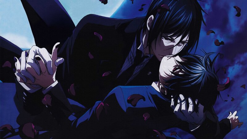Two anime characters in a dramatic embrace