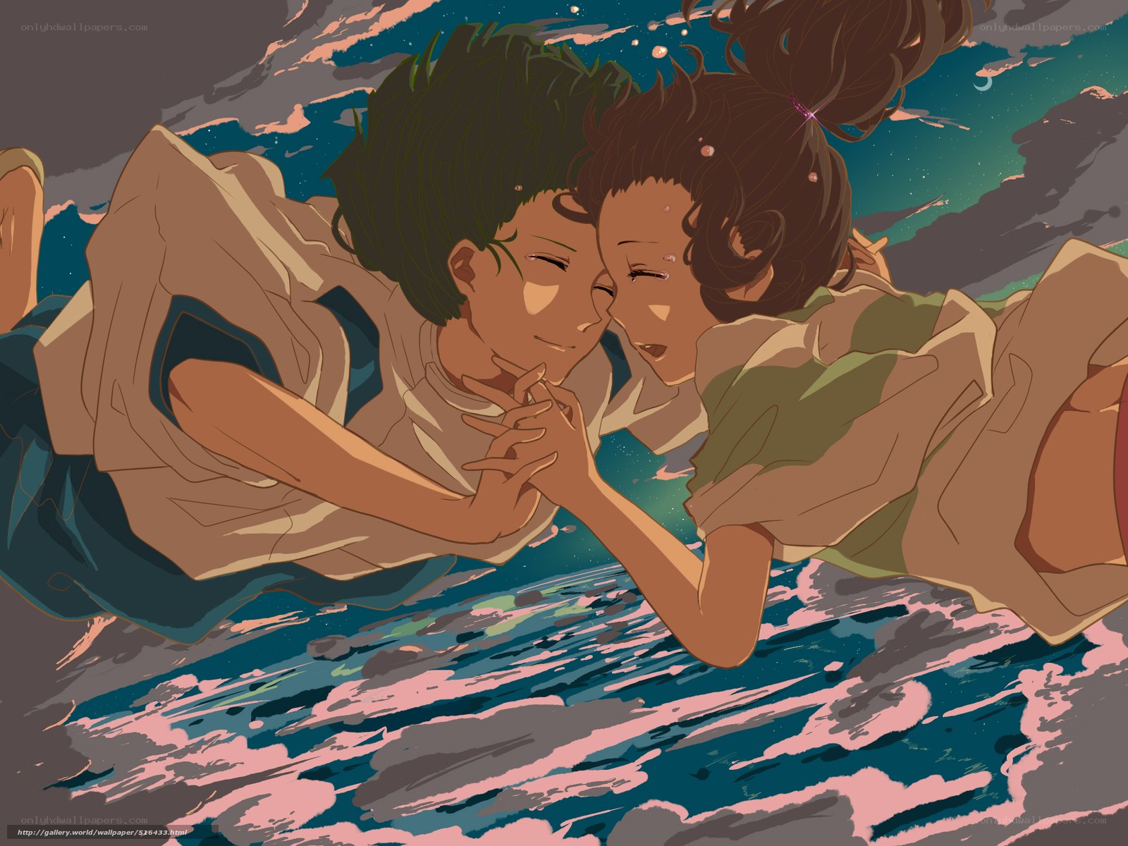 Two anime characters in a dreamy embrace