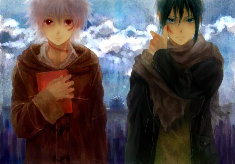Two anime characters in a dreamy landscape
