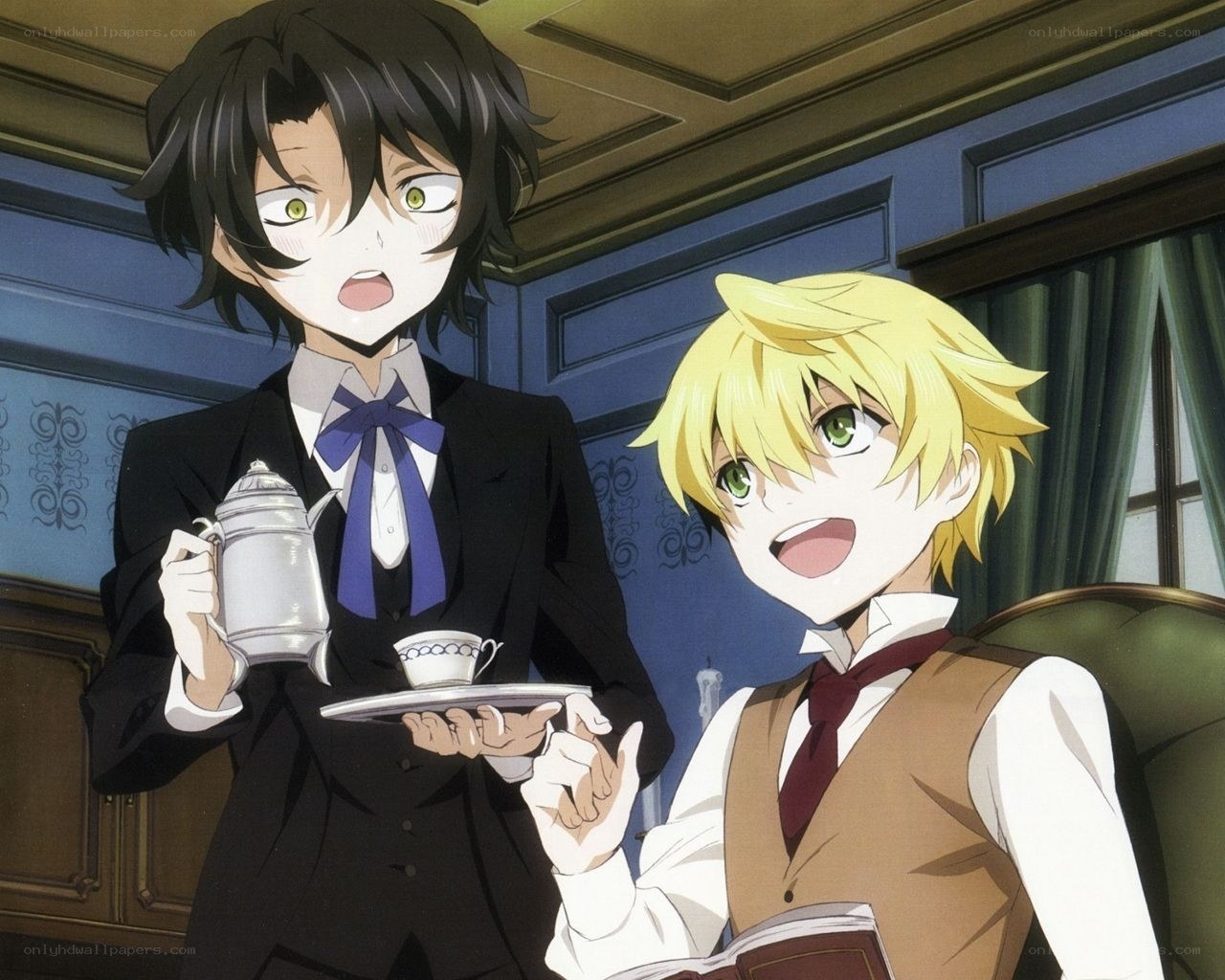 Two anime characters in a formal setting
