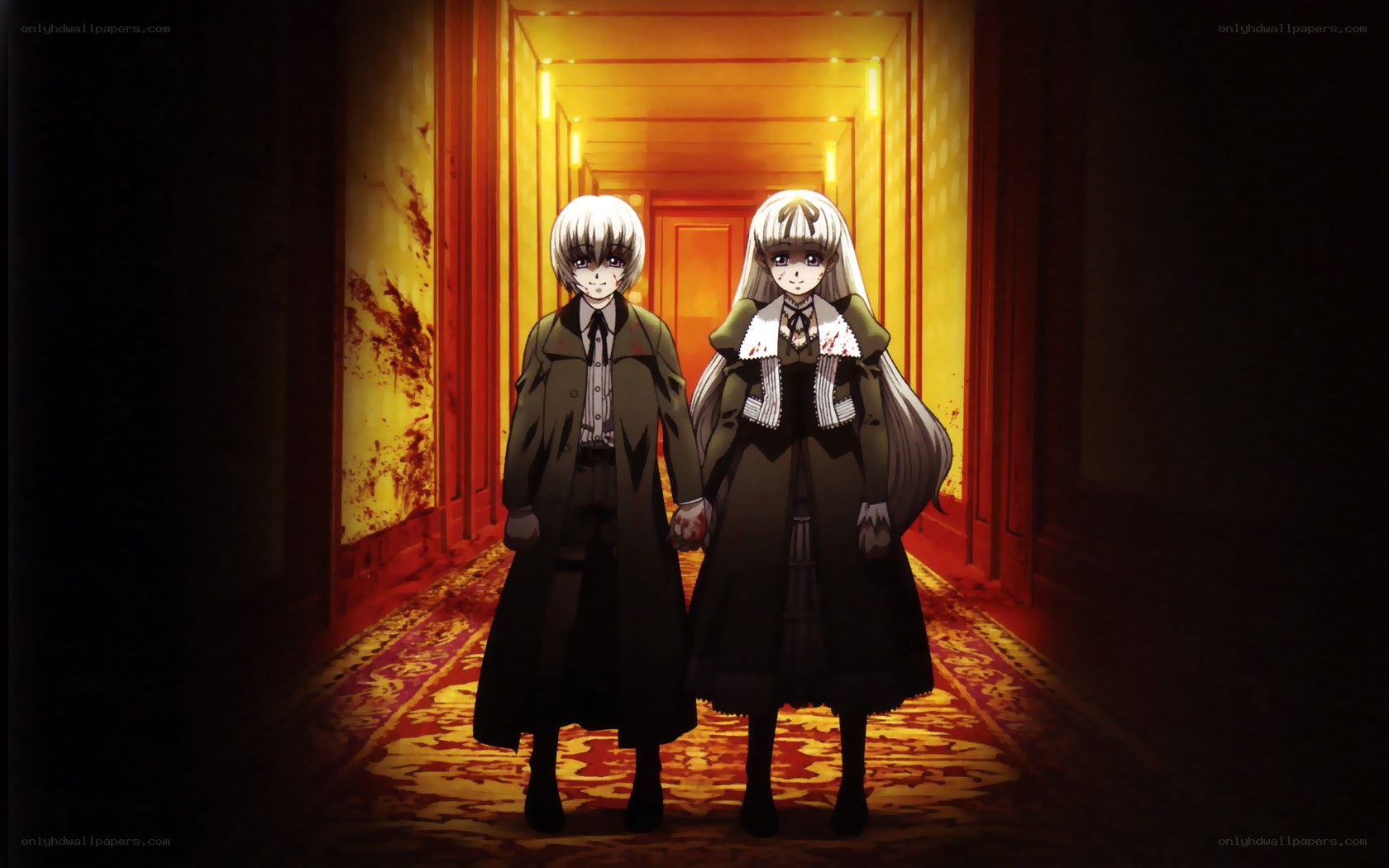 two anime characters in a hallway
