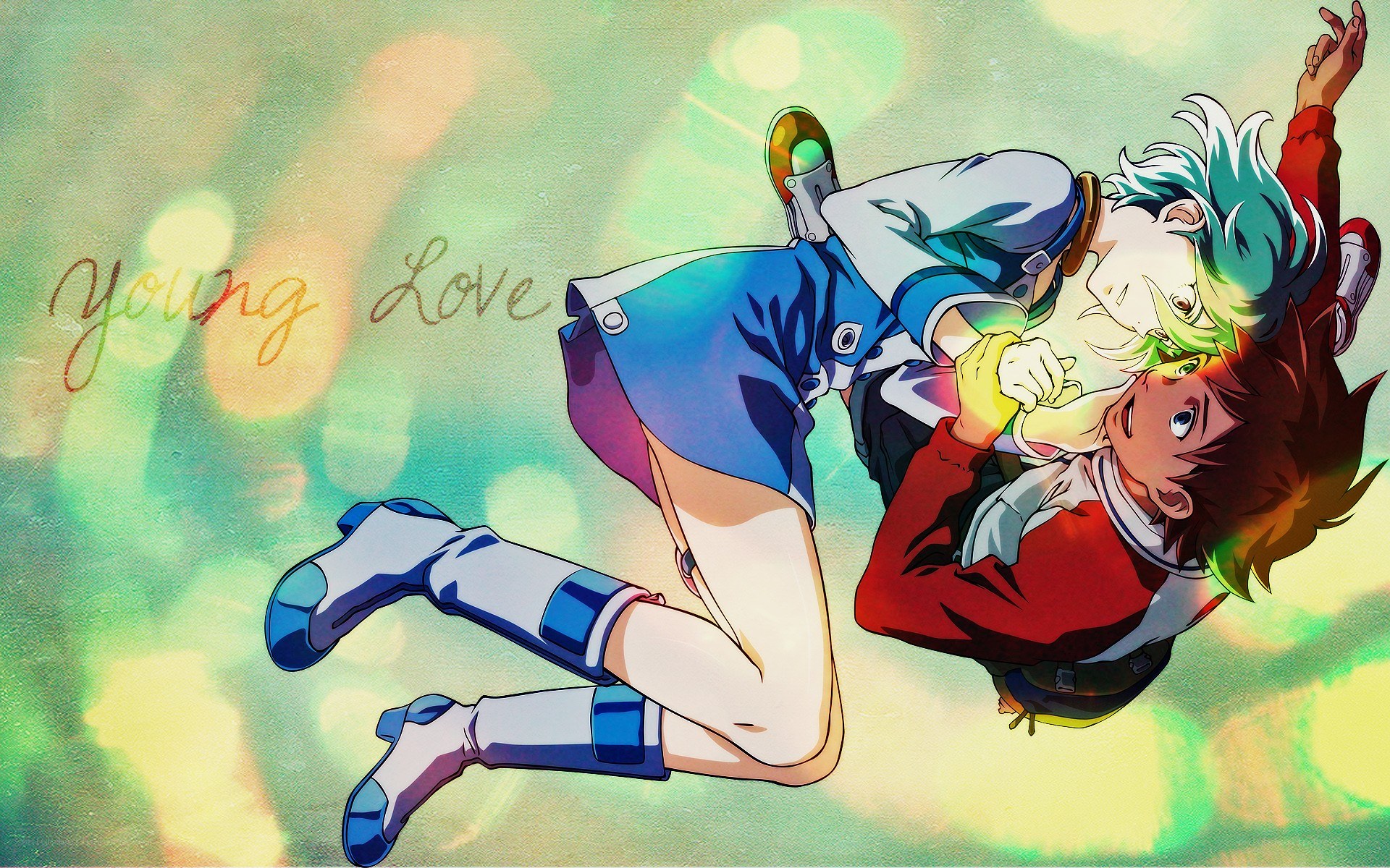 Two anime characters in a joyful embrace