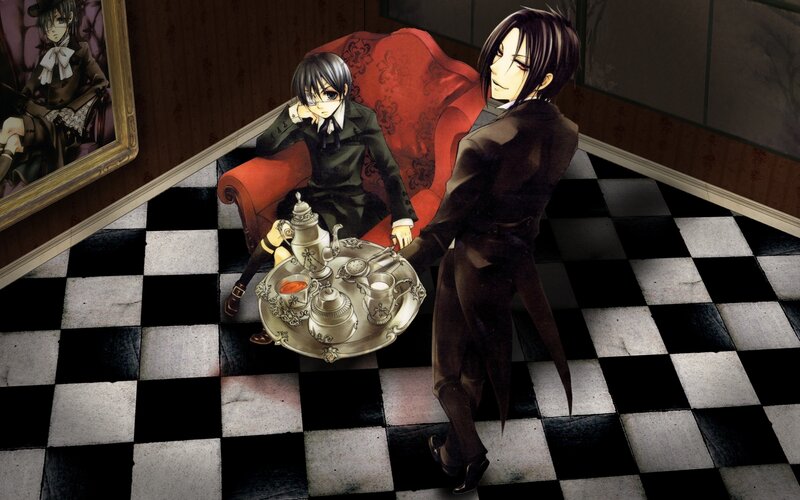 Two anime characters in a parlor
