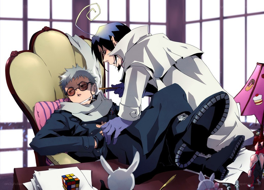 Two anime characters in a room