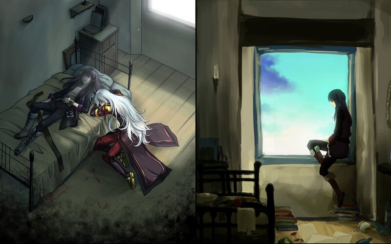 Two anime characters in a room
