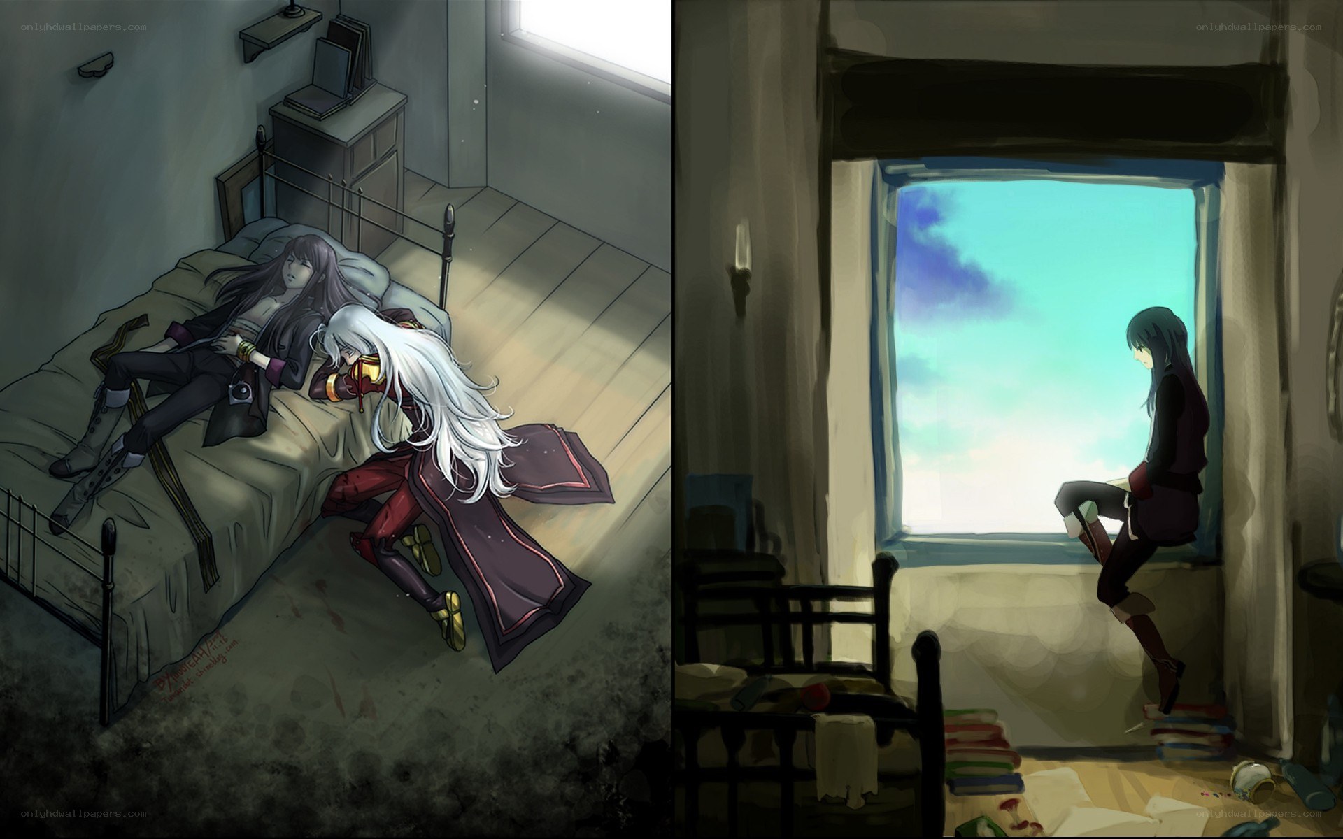 Two anime characters in a room
