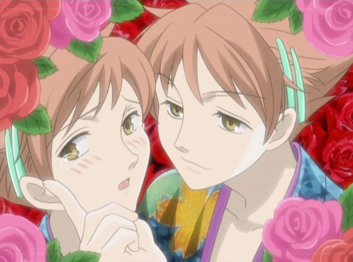 Two anime characters in a rose garden