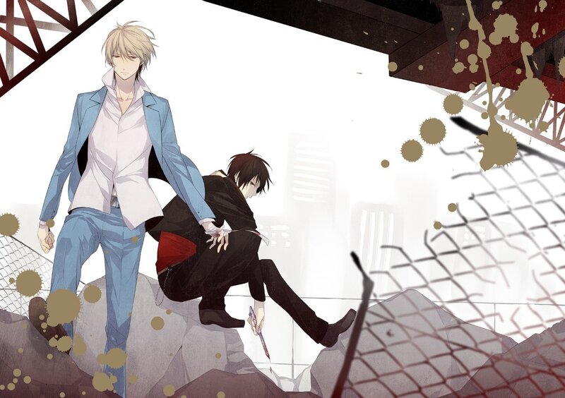 Two anime characters in a ruined setting