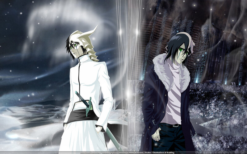 two anime characters in a snowy landscape