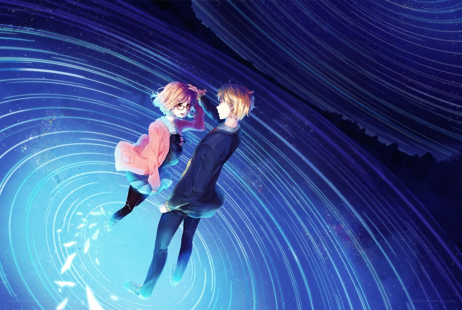 Two anime characters in a starry vortex
