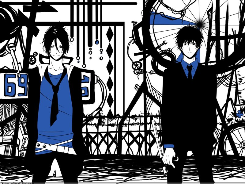 Two anime characters in a stylized scene