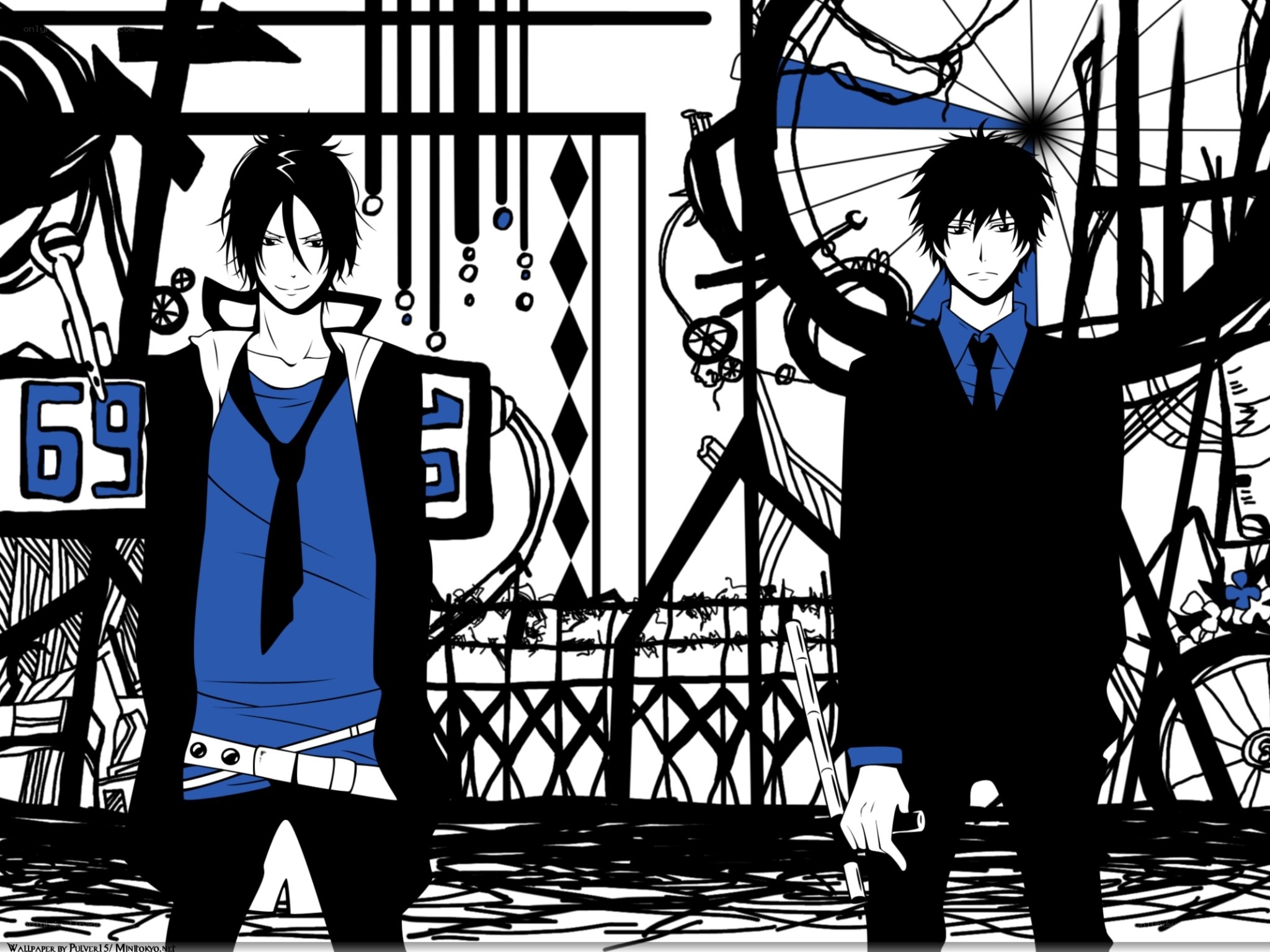 Two anime characters in a stylized scene