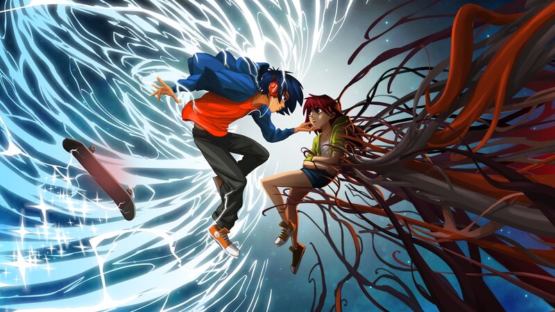 Two Anime Characters in Action — Blue, Dramatic, Skateboard