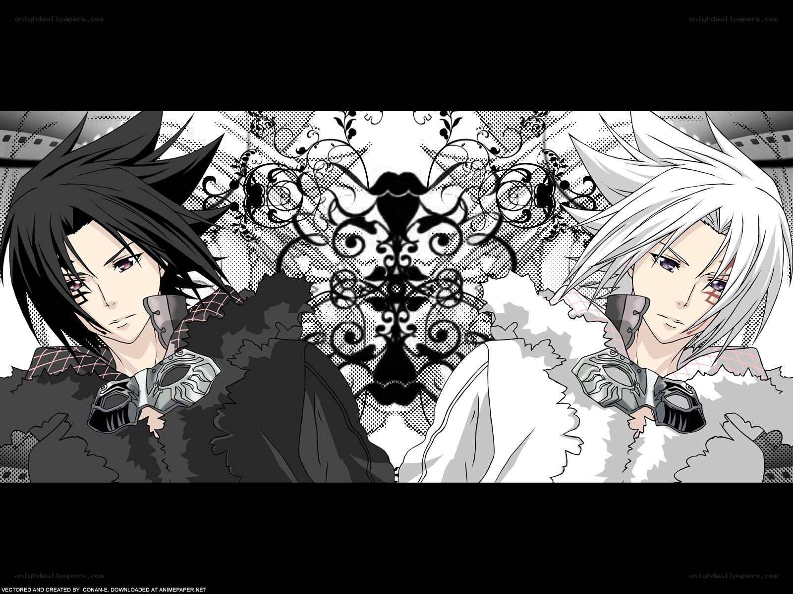 two anime characters in black and white