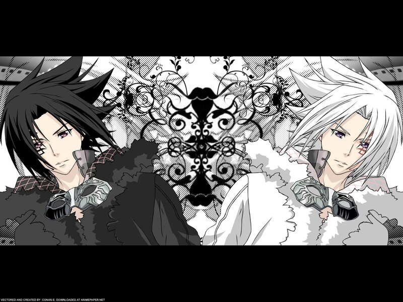 two anime characters in black and white
