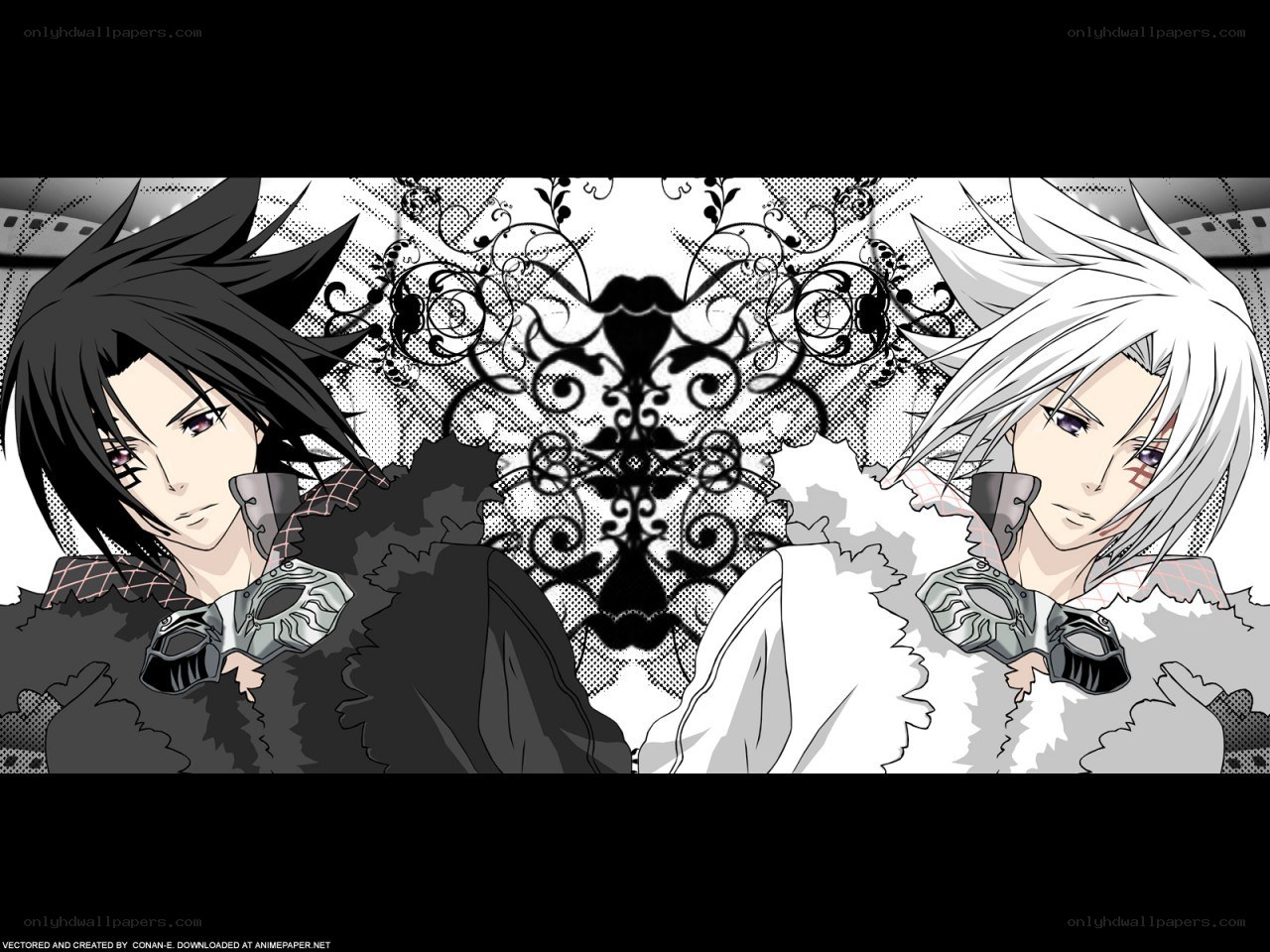 two anime characters in black and white